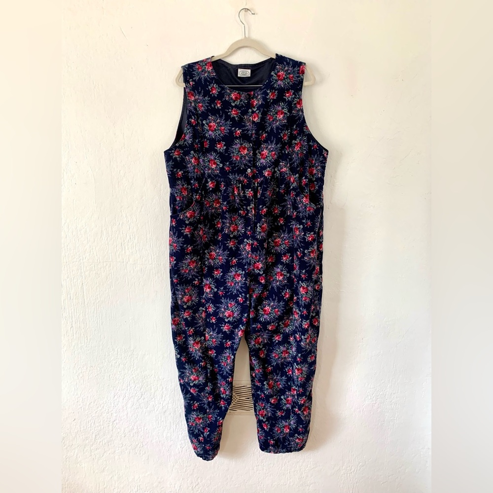 Vintage Laura Ashley Corduroy Floral Jumpsuit - navy, XL, Made in Great Britain